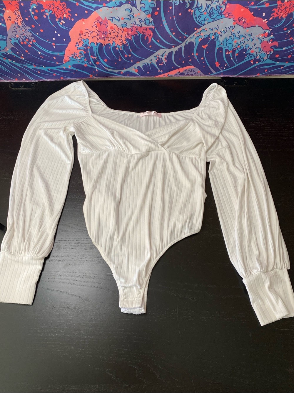 Blue Blush White Ribbed Long-Sleeve One-Piece Bodysuit
